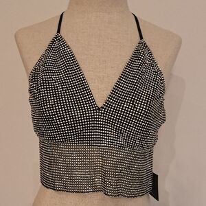 NWT Superdown Black and Silver Rhinestone Sparkle Crop Top. Self Tie Back.Lined